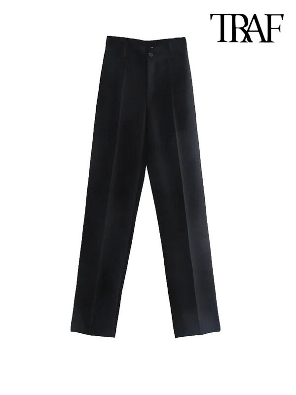 TRAF-Pantalones rectos de cintura alta con cremallera para Mujer, ropa de oficina, elegante, Vintage