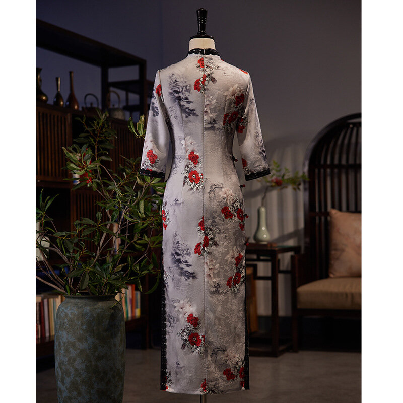Gaun kasual gaya Tiongkok Qipao Traditioanl bunga cetak seksi Cheongsam kerah Mandarin wanita
