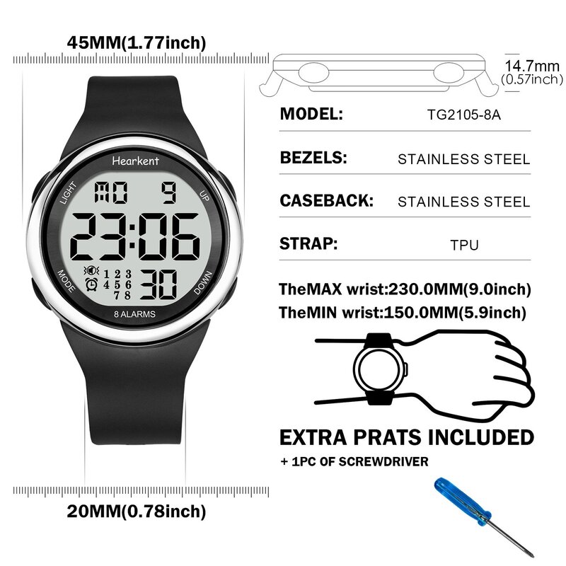 Wodoodporny zegarek męski tylne światło mody Hearkent wyświetlają cyfrowe zegarki szokowe z odliczaniem dla zegarów Alarm chronometr dla osób niesłyszących lub starszych