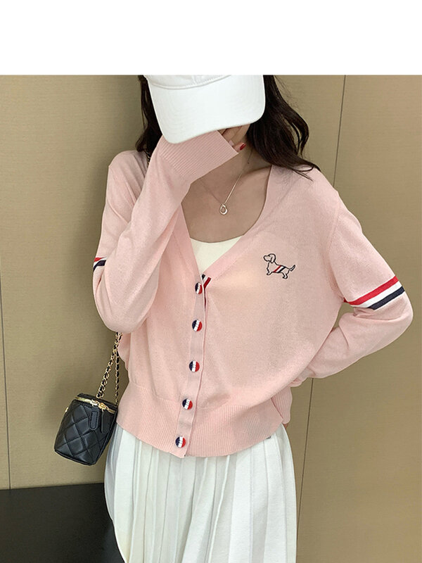 Thin Cardigan For Women Summer Knit Sweater Coat Full Sleeves Striped Cute Dog Jacket For Hot  Pulls Crop Tops