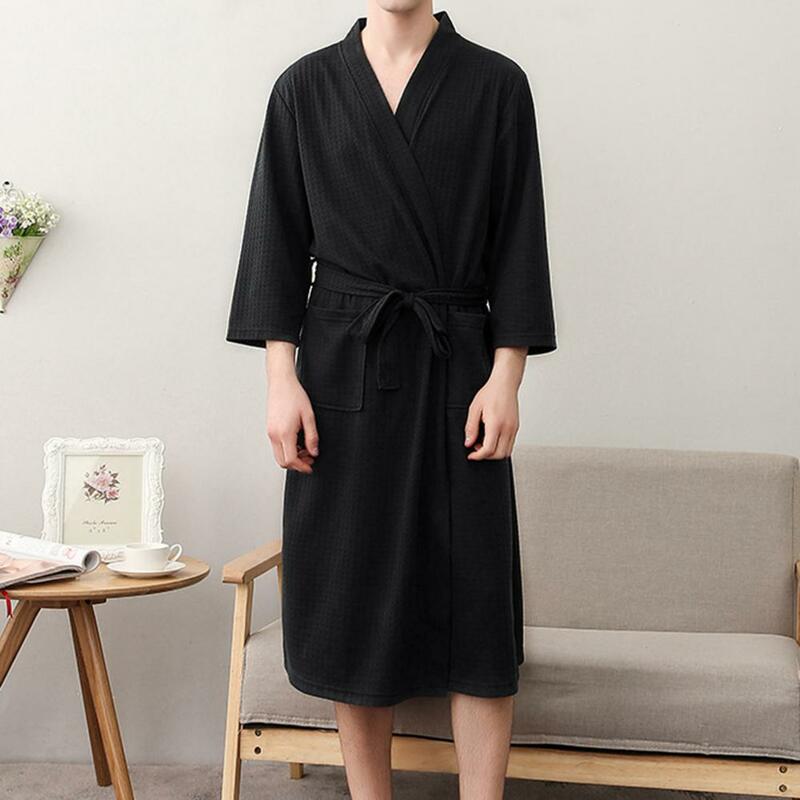 Mantel Mandi Pria Warna Solid Leher V Kardigan Penyerapan Air Piyama Pria Kebesaran untuk Rumah Kimono Padat Jubah Mandi Pakaian Tidur