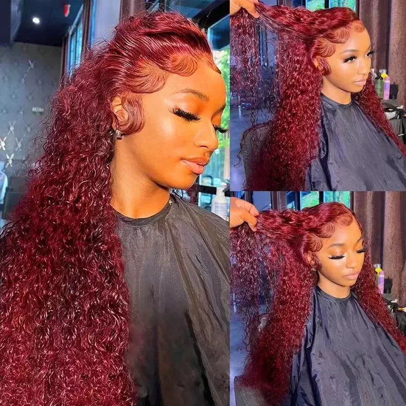 13x4 Frontal Lace Wig Wine Red Small Roll Curly Women Long Human Hair Full Head Cover Lace Front Wigs Cosplay