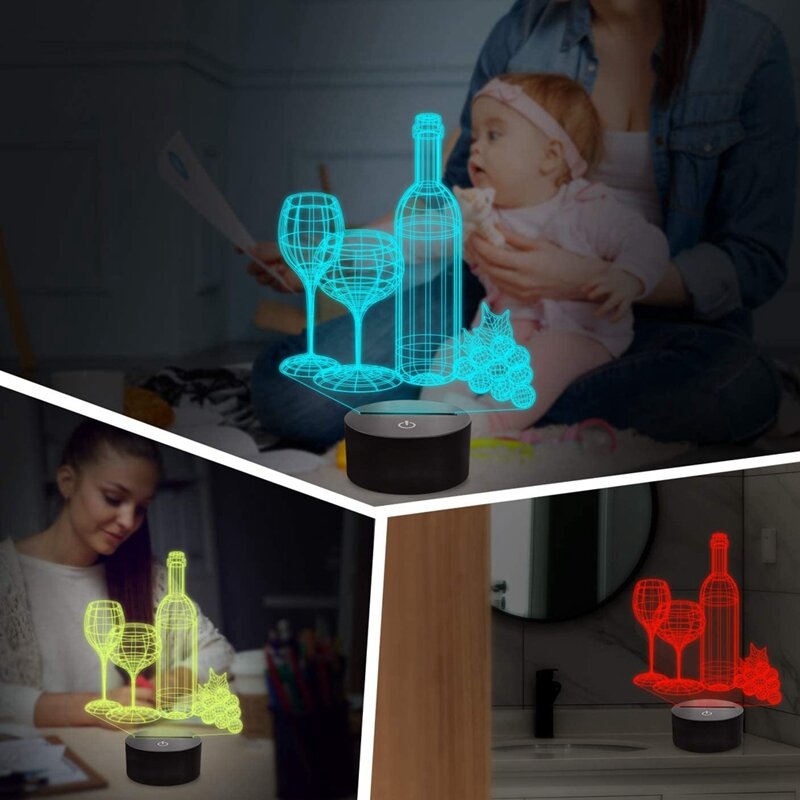 3D 와인 컵 병 야간 조명 램프, 광학 착시 LED 프레스 USB, 어린이 소녀용 생일 크리스마스 선물, 7 가지 색상 변경