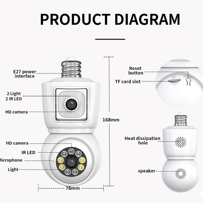 Difang 4MP E27 podwójny obiektyw bezprzewodowa kamera żarówka, dwukierunkowe Audio, detekcja ruchu, zdalne sterowanie dźwiękiem, kolorowy noktowizor, Alarm