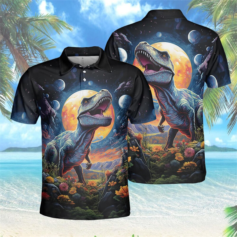 공룡 섬 그래픽 폴로 셔츠 남성용, 하라주쿠 패션 디플로도커스 그래피티 폴로 셔츠, 소년 반팔 상의, 여름