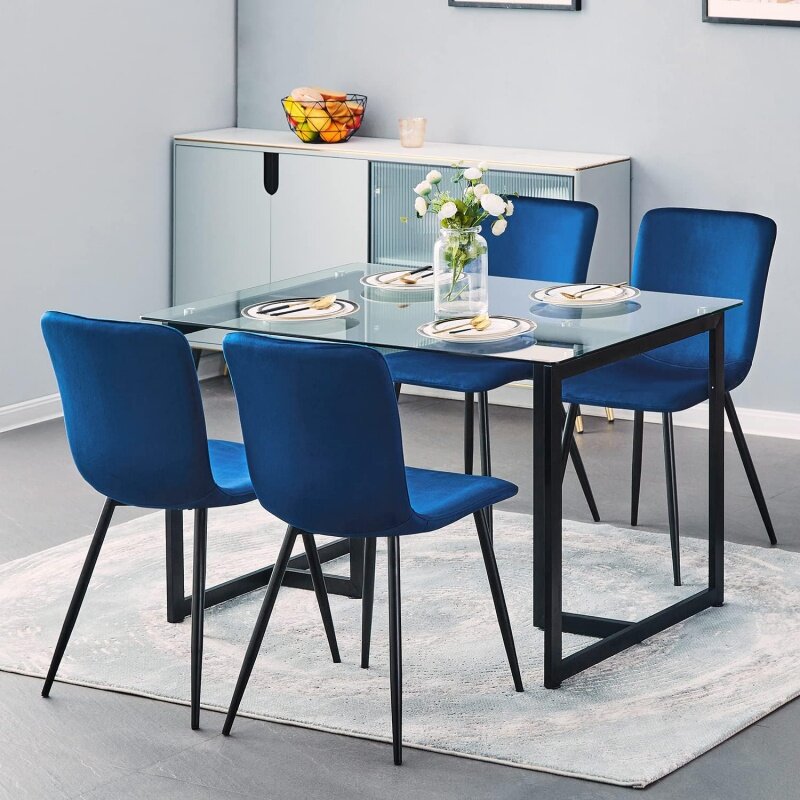 Set meja makan untuk 4, atasan kaca persegi panjang Modern & 4 kursi makan untuk ruang kecil ruang apartemen (biru)
