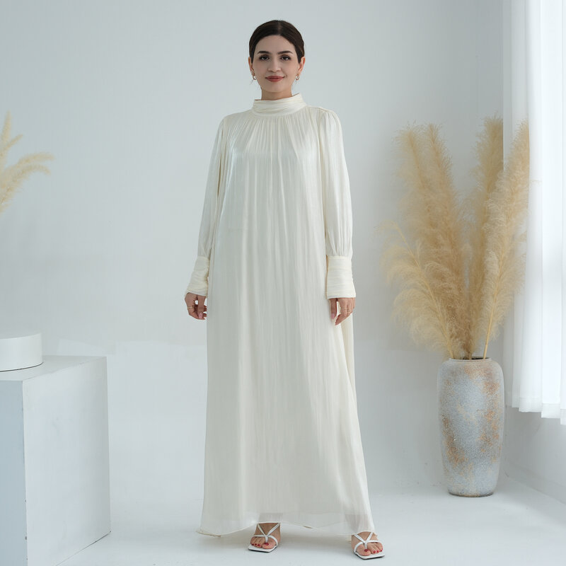 Muslimische einfarbige glänzende Kleid Abaya Frauen Langarm hohe Taille lange Maxi kleid Dubai Kaftan Truthahn Party kleid islamische Vestido