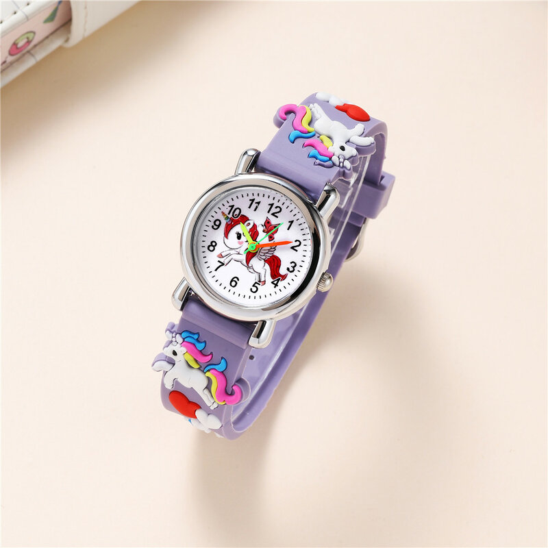 นาฬิกาข้อมือการ์ตูนคาดซิลิโคนสำหรับเด็กนาฬิกาสีลูกกวาดลายยูนิคอร์นน่ารัก