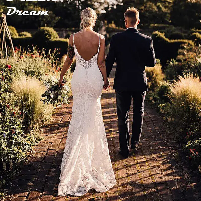 DREAM-vestido de novia de sirena de encaje bohemio con tirantes finos, cuello en V, espalda abierta sin mangas, vestido de novia rústico