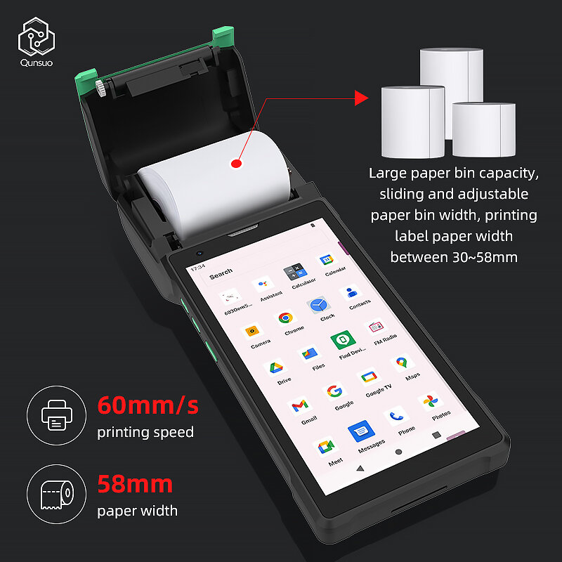 Terminal portátil Android Mobile POS, largura de impressão ajustável, 58mm, 6 Polegada Pda