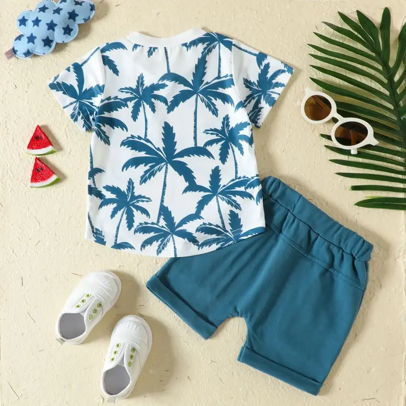 Roupas de algodão infantil, conjunto de t-shirt e shorts com estampa de folhas de praia casual infantil infantil, terno 2 peças, verão