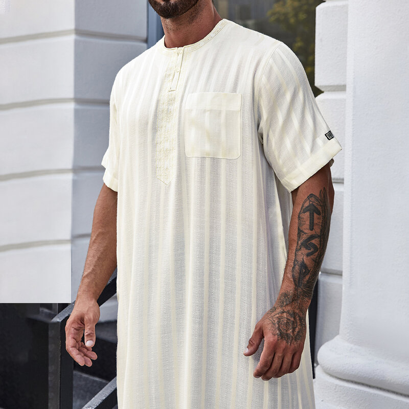 Robe estilo étnico islâmico unissex sem gênero, manga curta, cor sólida solta, botão fino, comprimento médio, robe árabe simples