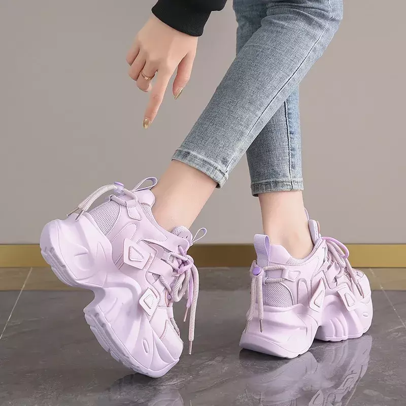 7CM donna Casual Sneaker in pelle autunno Lace up scarpe con plateau alto suola spessa Sport Dad Shoes Sneakers donna Chaussure Femme
