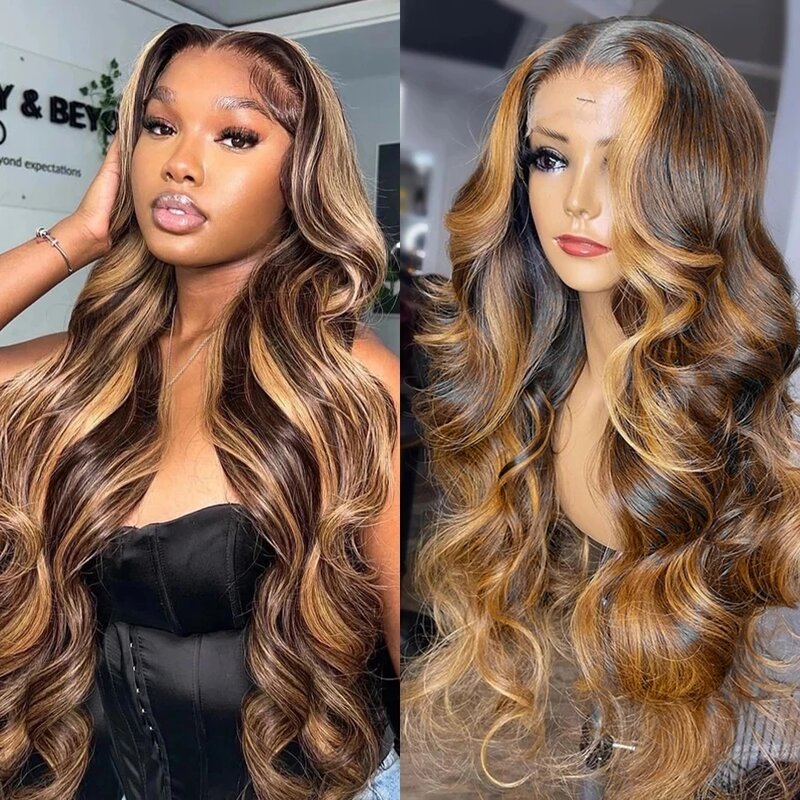 Highlight P4/27 Brown Body Wave Lace Front Wig Brazilian Human Hair Wigs For Women Honey Blonde Long Lace Front Wig Pre Plucked