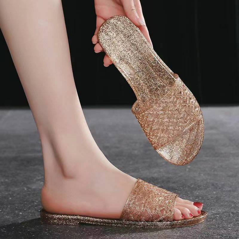 New Women's Summer One Word Flat Sole Crystal Slipper Free Shipping Soft Sole Home Slippers Bathroom Slippers Beach Slippers