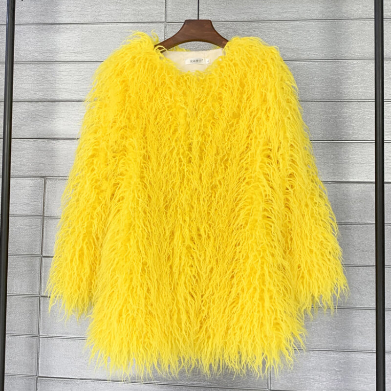 Women's Faux Fur Coat, Korean Style, Monochromatic Outwear, Autumn, Winter, Mid-Length, Loose, Round Neck, Lamb Wool, New, 2024