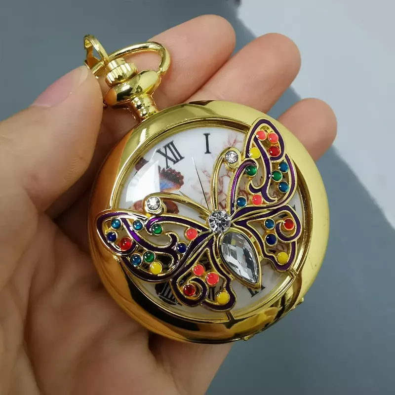 Женские кварцевые карманные часы с золотистыми бабочками и кристаллами, инкрустированные бриллиантами, ретро-часы с цепочкой, искусственная кожа, роскошные часы