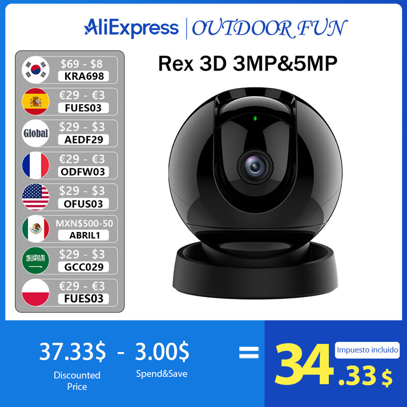 IMOU-cámara de seguridad para el hogar Rex 3D, videocámara IP de 5MP, Wifi, 360, IA, detección humana, teléfono para bebé, visión nocturna, ptz