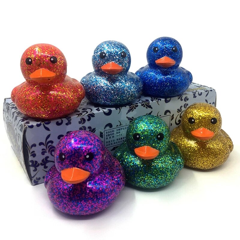 6PCS/SET Squeeze-sounding Dabbling 80MM Rubber Ducks Baby Shower Water Bathing Floating Toys Vinyl Glitter Duck With BB Sounds