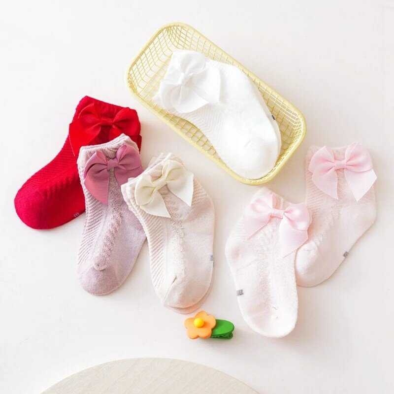 Macio e fino algodão tornozelo meias para a menina, cor sólida, com arcos, recém-nascido, infantil, ao ar livre, verão