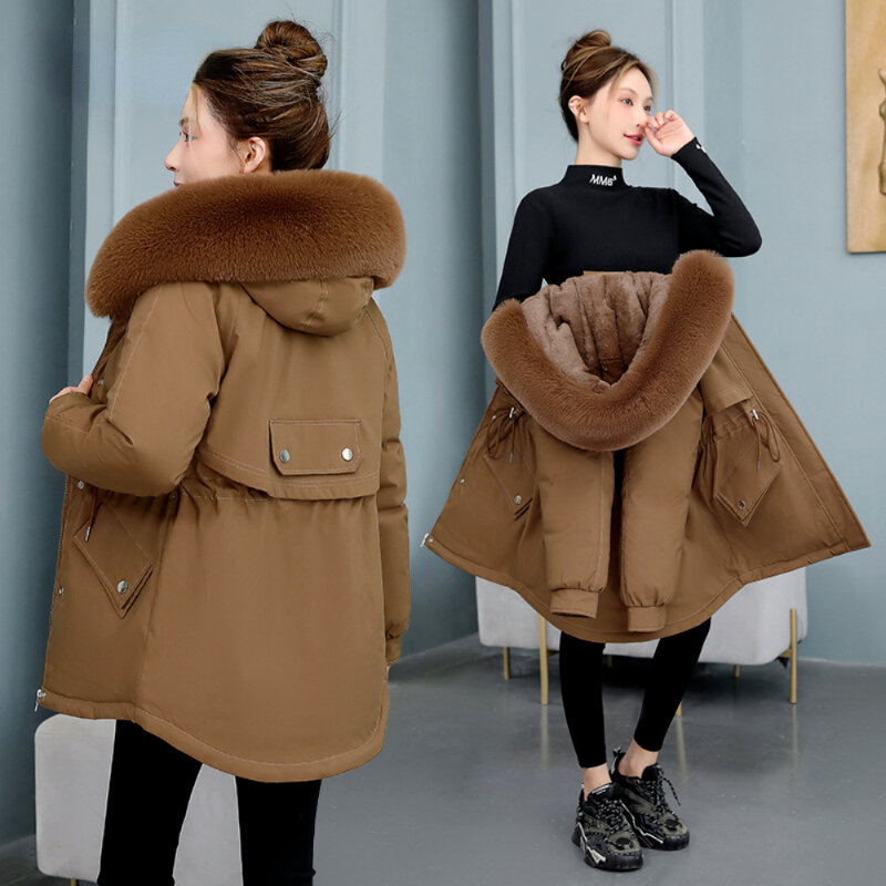 女性の冬のジャケット2023,ロングコート,裏地付き,厚手の毛皮の襟,暖かい,パッド入り,4XL