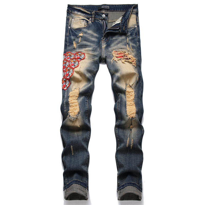 Celana Jeans bordir hewan biru Retro pria, celana Denim sobek berlubang bergaya Retro untuk pria 2024