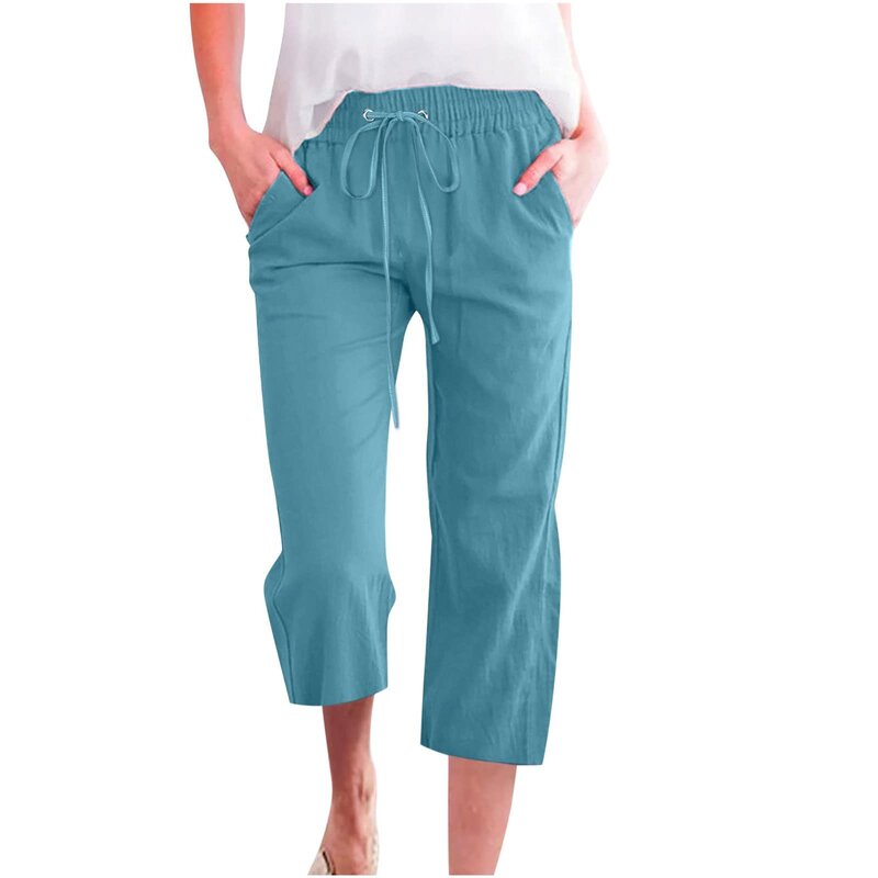 Pantalones recortados informales de verano para mujer, Pantalones rectos elásticos de cintura alta, algodón y lino, sueltos, con bolsillo y cordón