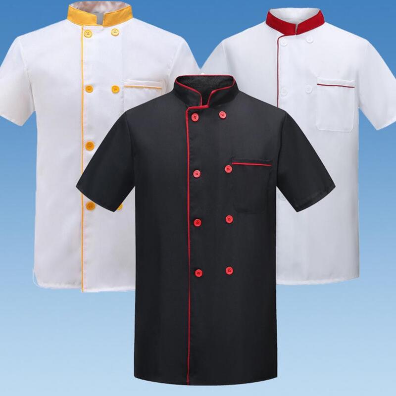 Uniforme de Chef transpirable resistente a las manchas, ropa de Chef para cocina, panadería, restaurante, doble botonadura, manga corta, cuello alto