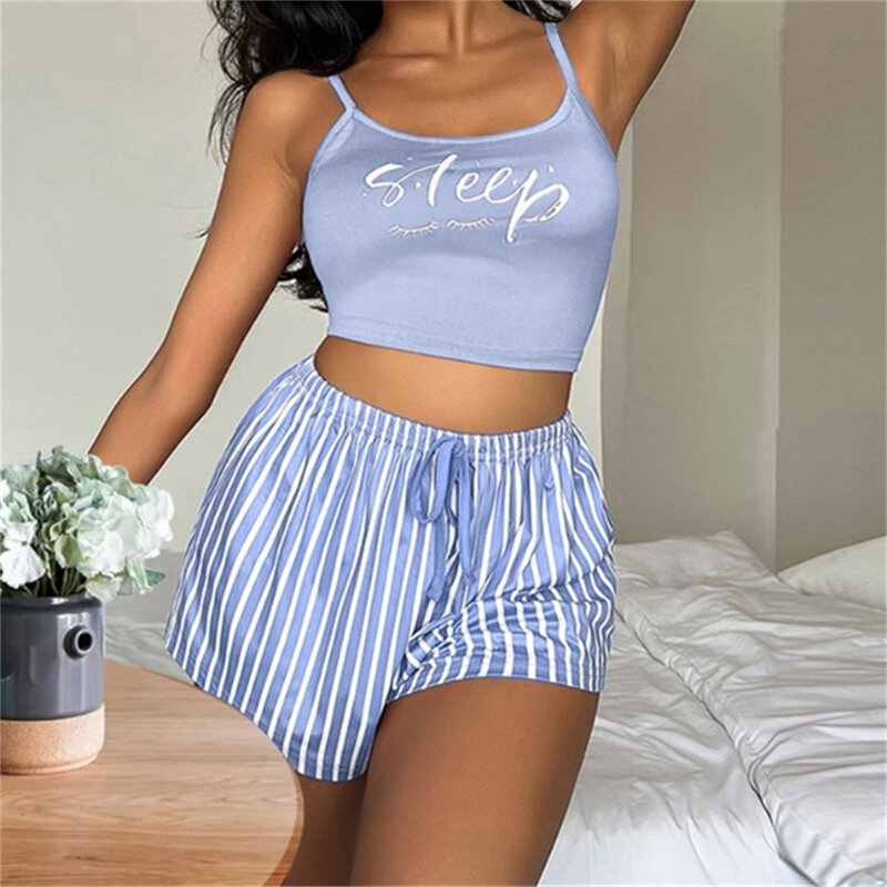 Sexy Summer Women Pajamas Set Sleepwear Cotton Home Clothes Tops And Shorts Cute Soft Sleeveless Nightwear For Female