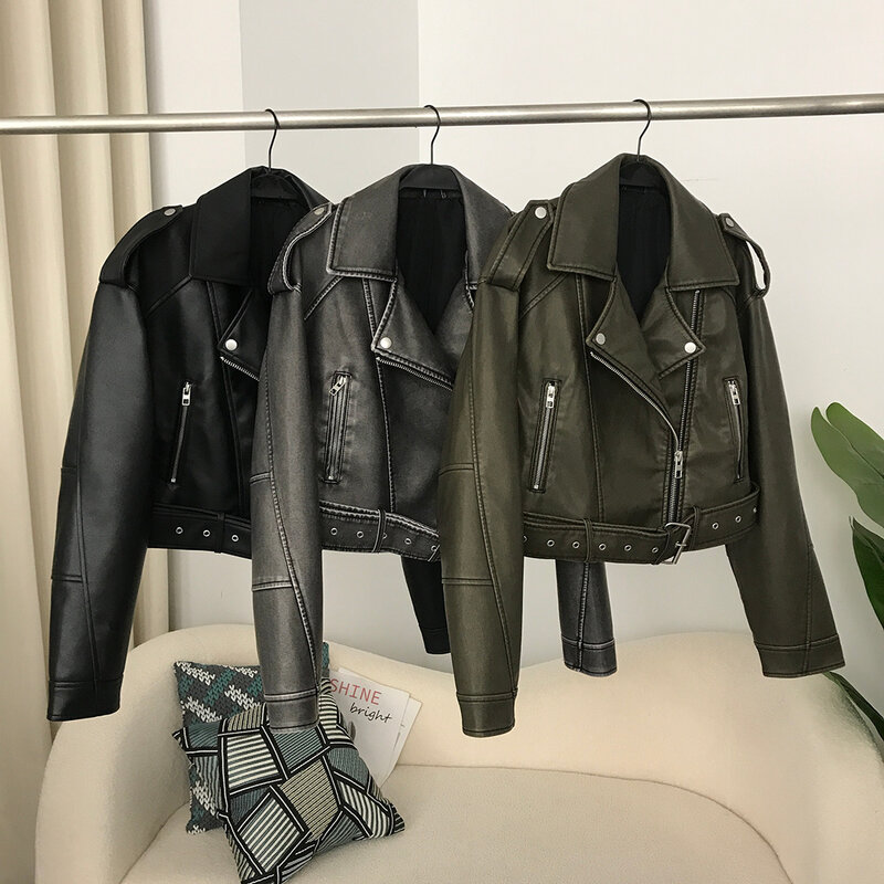 KUCLUT-Vintage feminino solto PU jaqueta curta de couro sintético com cinto, streetwear, zíper feminino, casaco retrô moto motociclista, Outwear Tops, 88