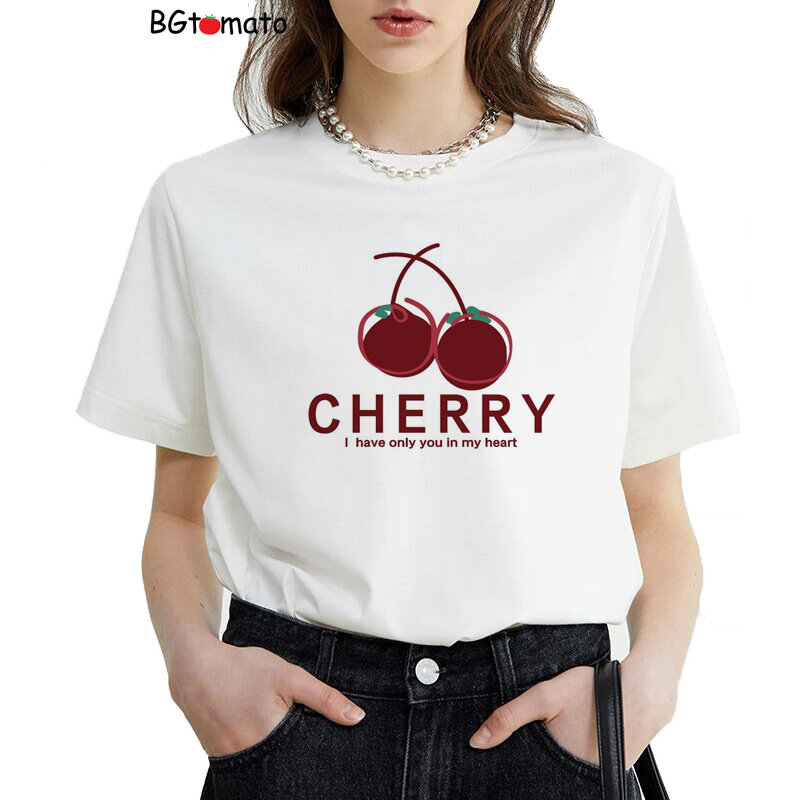 เชอร์รี่พิมพ์เสื้อยืดออกแบบใหม่การ์ตูนกระโปรงหน้าร้อน Breathable Cotton เสื้อยืดผู้หญิง A020