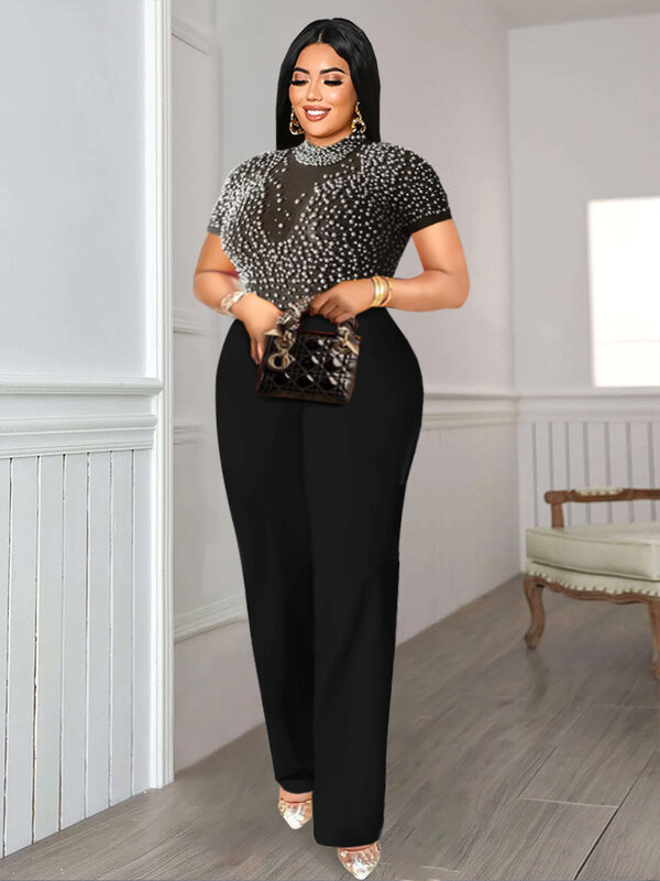 Plus Size Overalls für Frauen sehen durch Perlen Langarm beige schwarz Empire weites Bein einteilige Outfits Luxus Stram pler