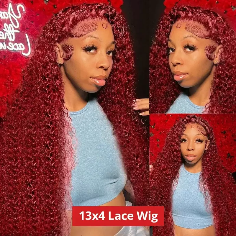 13x4 13x6 30 40 Inches Pre Plucked Deep Curly Lace Frontal Wig 99J Burgundy Lace Front Wigs Colored HD Deep Wave Human Hair Wigs
