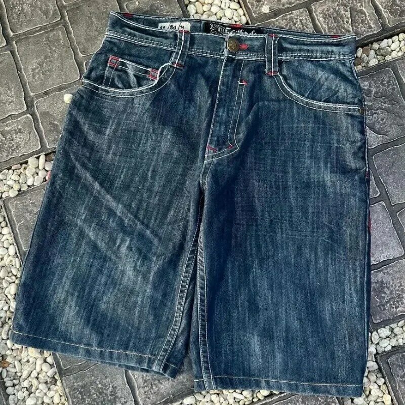 Harajuku geométrico padrão cruzado bordado, shorts jeans grandes para homens, hip hop, calça popular, cintura alta, Y2K Baggy, anos 2000, novo