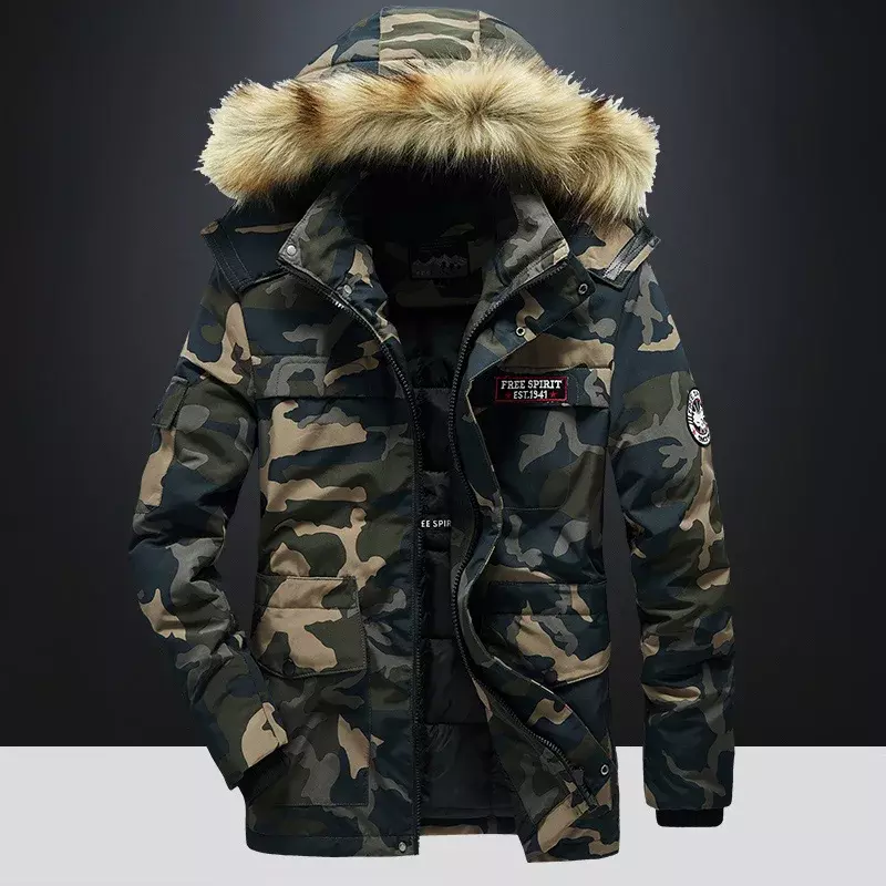 Jaqueta de camuflagem com zíper militar masculino, Parkas grossas e quentes, roupas com capuz de pele, casaco grande, fashion, 4XL, 5XL, inverno, 2022