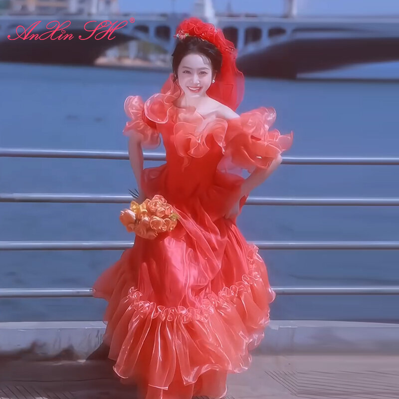 AnXin SH księżniczka falbany pomarańczowa czerwona koronkowa dekolt w łódkę krótki rękaw frezowanie kwiat perły sznurowana suknia ślubna dla panny młodej antyczna