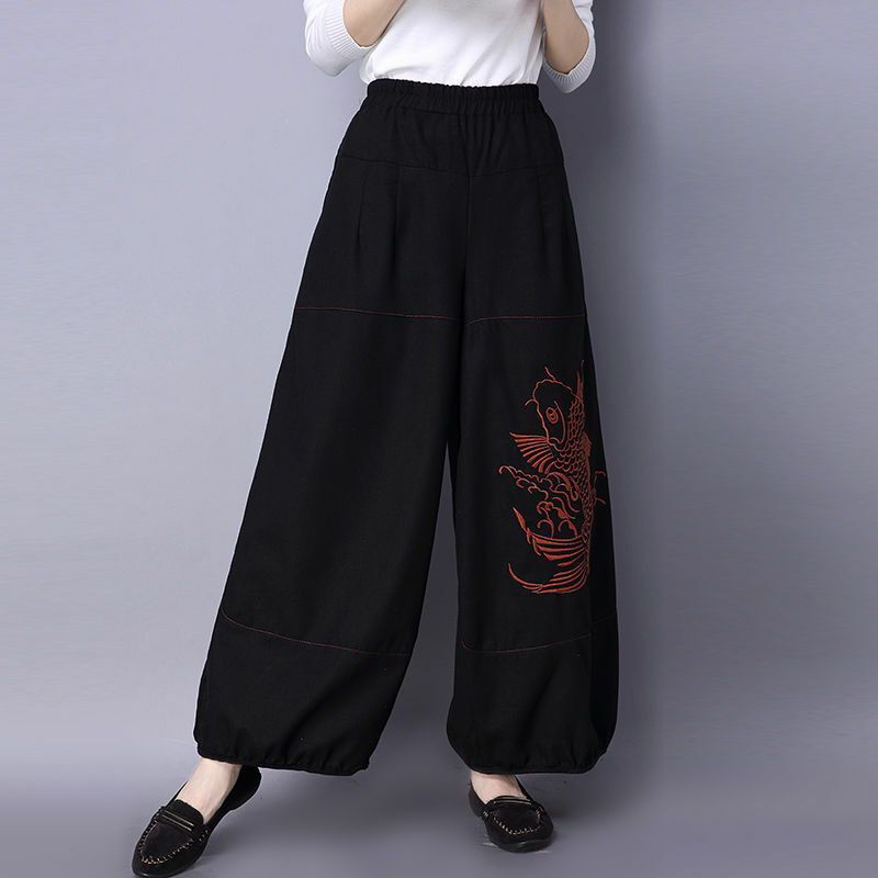 Vintage Einfachheit lässig solide Damen bekleidung Patchwork Druckt asche elastische Taille Streetwear Herbst dünne Hose mit weitem Bein