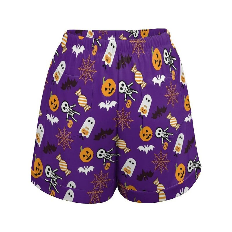 Cute Ghost Graphic Shorts, cintura elástica, Halloween Pumpkin Spooky Pockets, calças curtas extragrandes, Streetwear Bottoms, primavera