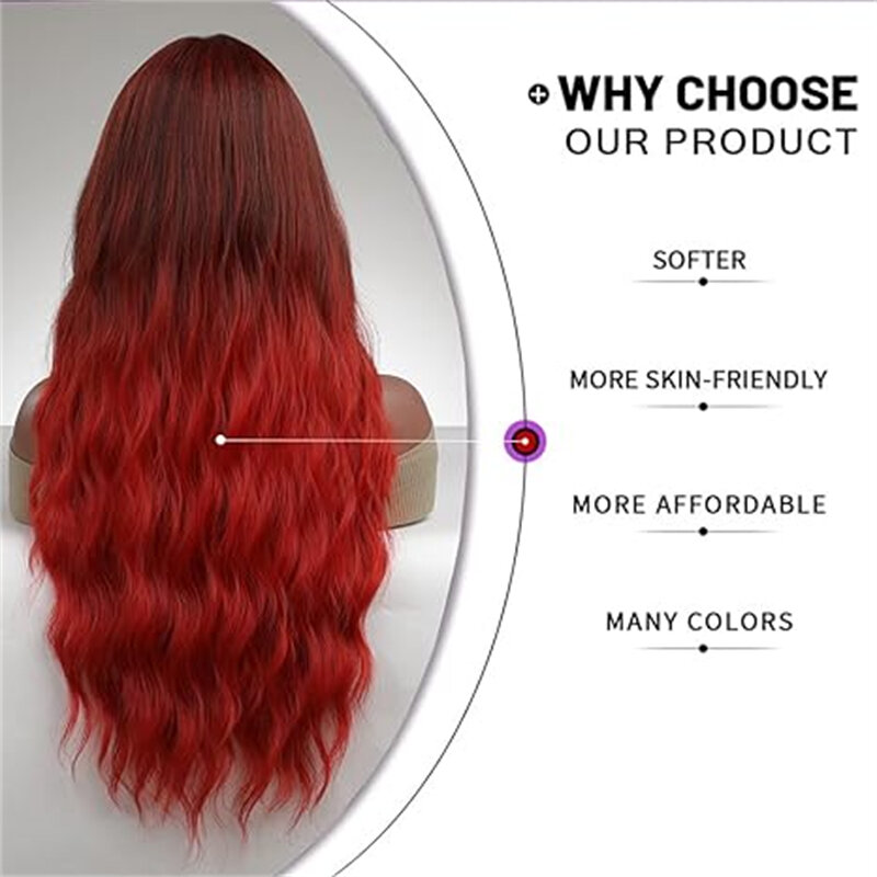 Middle parting gradient red long curly hair wig Wigs for Women Natuaral Synthetic Wavy Curly Hair Wig for Daily Party Cosplay Us
