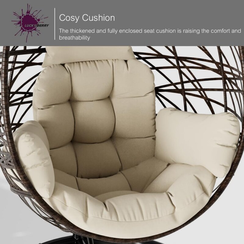 كرسي معلق من الخوص مع حامل ، كرسي بيضة بني ، خارجي وداخلي ، وسادة ملونة