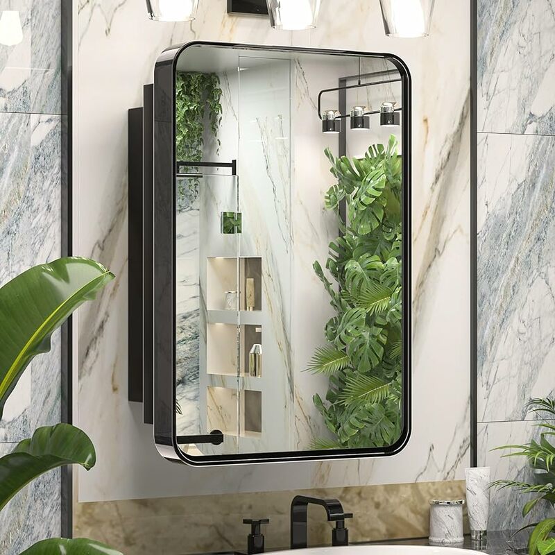 Keonjinn, 16x24 дюйма, черные шкафы для лекарств для ванной комнаты с зеркалом, из нержавеющей стали, в рамке, закругленные, прямоугольные, однодверные шкафы