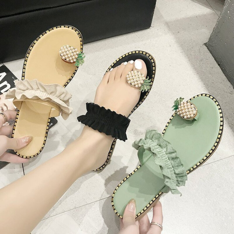 Zapatillas de espiga de perlas de piña de Metal para mujer, zapatillas de punta plana grandes, Color sólido, moda versátil, novedad de 2024