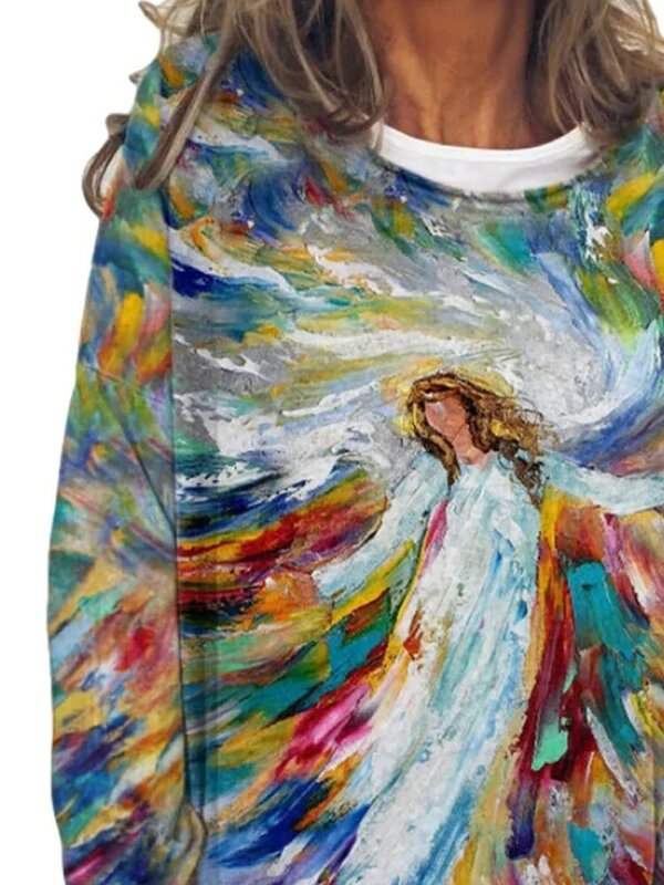 Casual Loose Faith Sweatshirt Women's Oil Painting Print Pullover 2023 Autumn Round Neck Long Sleeve Female Daily Tops