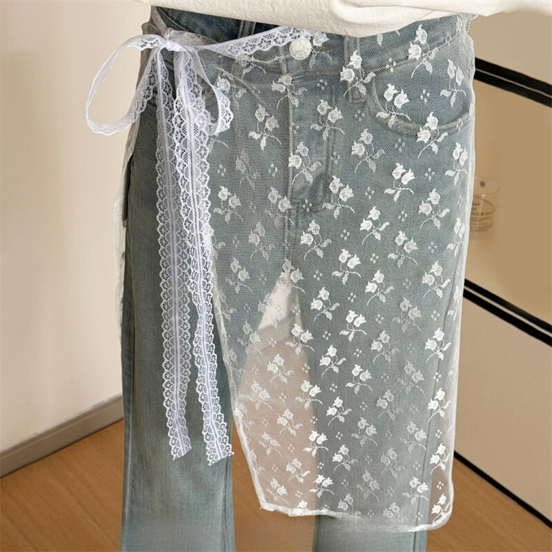 Кружевная многослойная газовая юбка с завязкой, прямая многослойная юбка для девушек Y2K, уличная одежда, фартук, юбка с запахом, подходящие брюки со шнуровкой