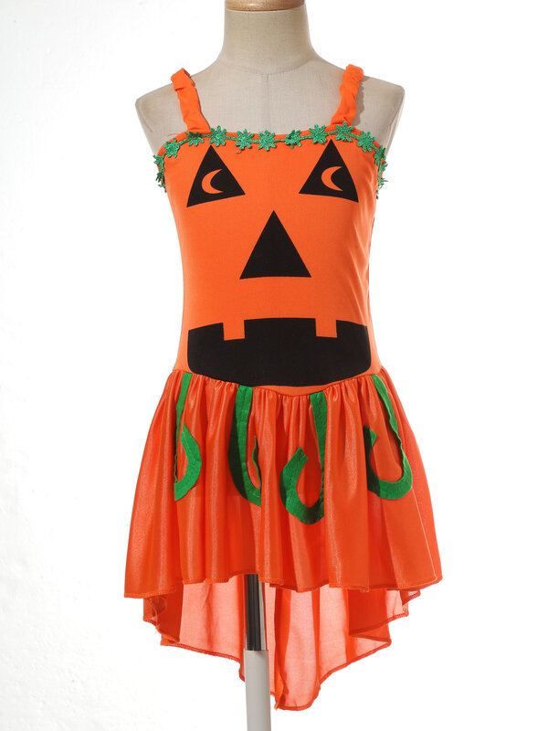 Kids Girls Pumpkin Witch Costume senza maniche Sketch Specter Print Pumpkin Dress con forcina copricapo Halloween Dress Up Costume