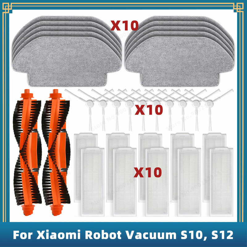Совместимость для Xiaomi Robot Vacuum S10 S12 T12 B106GL / Xiaomi Mi Robot Vacuum Mop 2S XMSTJQR2S / Mop 3C B106CN Запасные части Аксессуары Главная боковая щетка HEPA Фильтр Швабра Ткань