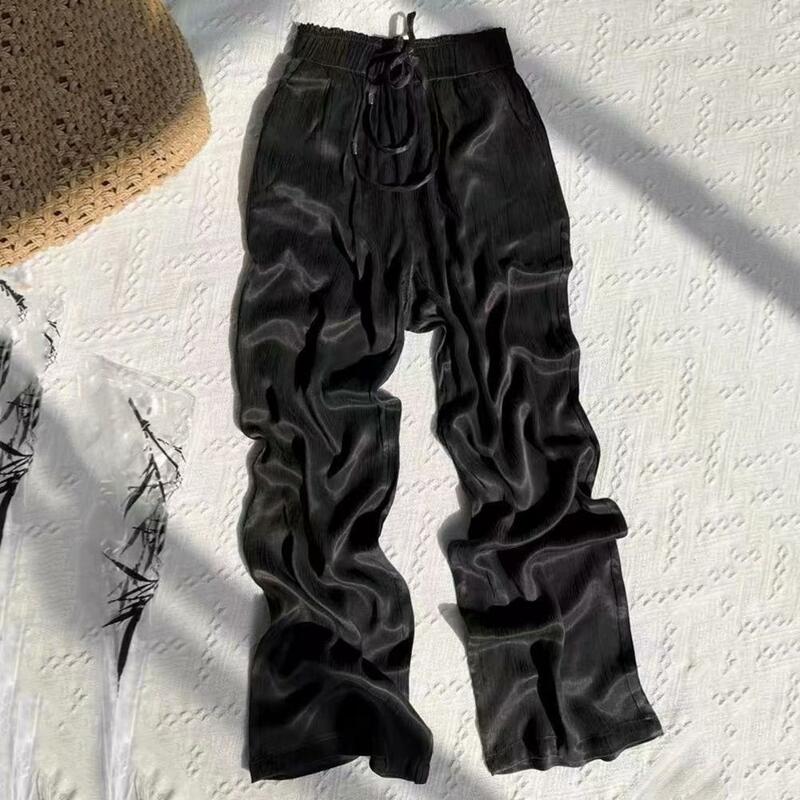 Solid Color Pants Elastic Waist Drawstring Women's Casual Pants Solid Color Ice Silk Straight Wide Leg Trousers for Streetwear