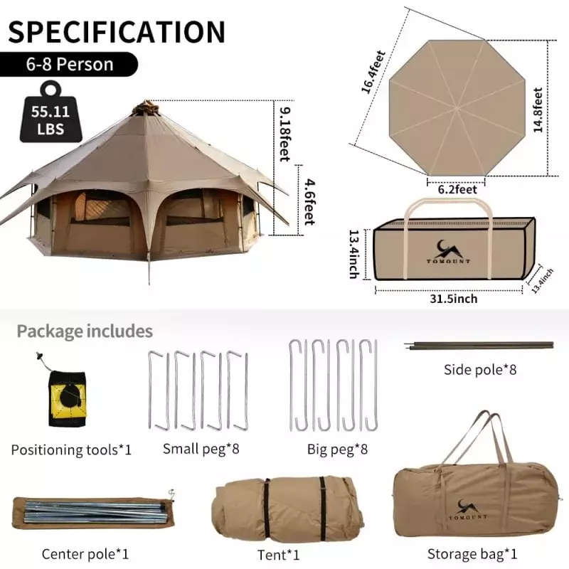 Mc tomount-グリッド、zipped、取り外し可能な床、家族のキャンプ用のストーブジャック付きキャンバステントベル、16.4ft x 9.2ft