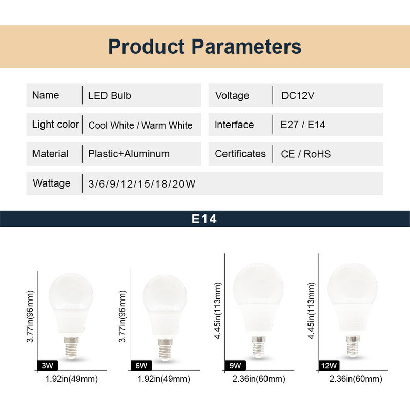 Bombilla LED E27 de cc 12 V, lámpara de luz LED, 3W, 5W, 7W, 12W, 15W, 36W, iluminación para Bombillas de bajo voltaje, 10 unidades por lote
