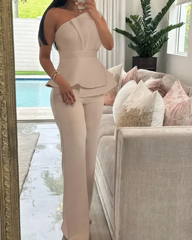2 Piece Sets Women Outfit Sexy One Shoulder Ruched Top & Casual Straight Leg Pants Suits for Female Spring 2024 Fashion New
